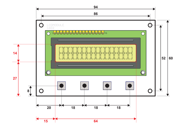 1/1000 LCD2022 Stopwatch - Dimensions and Holes